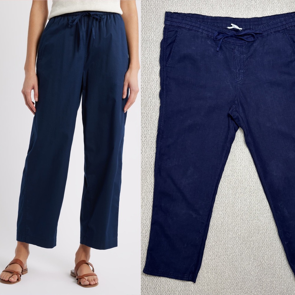 Caslon 100% Linen Straight Leg Drawstring Pants, Navy Blue Large Coastal travel